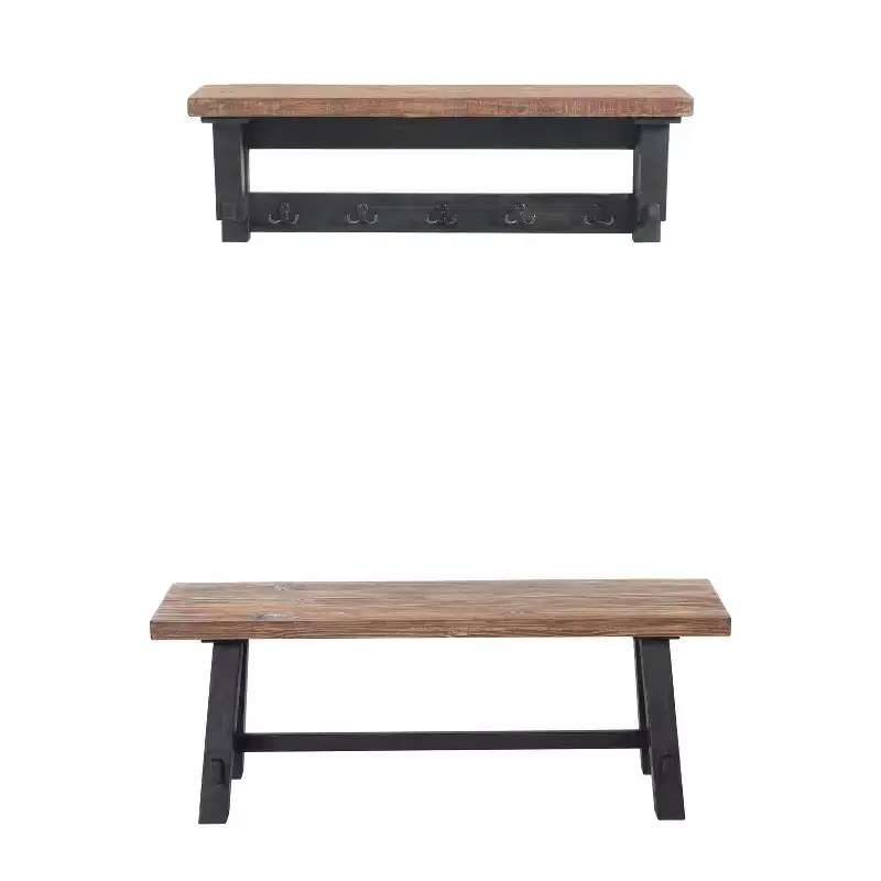 42" Odin Solid Wood Hook with Storage Shelf and Bench Set Black - Alaterre Furniture: Rustic Industrial Design, Pine Frame
