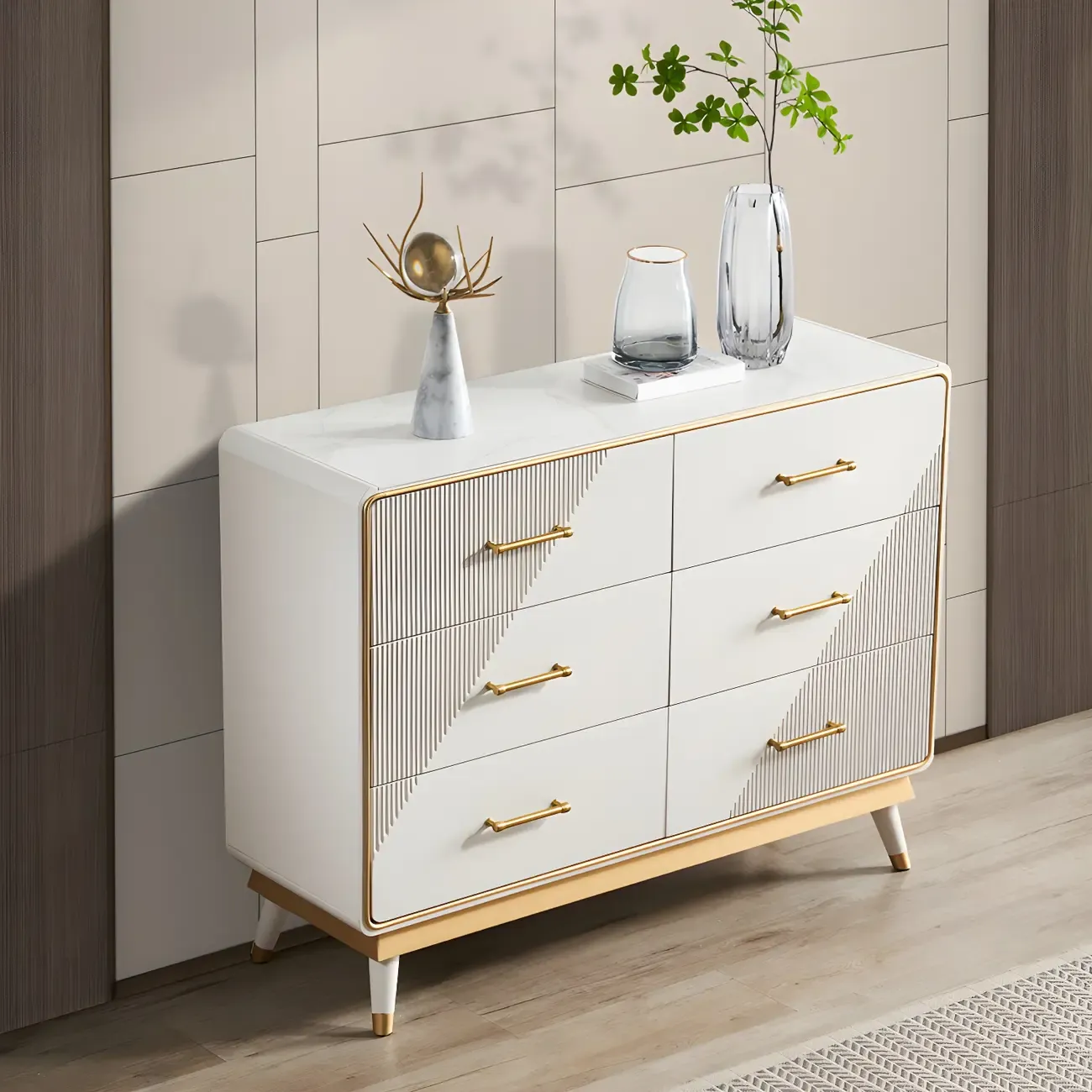 Glam Beige Wood Gold Accent Storage Chests