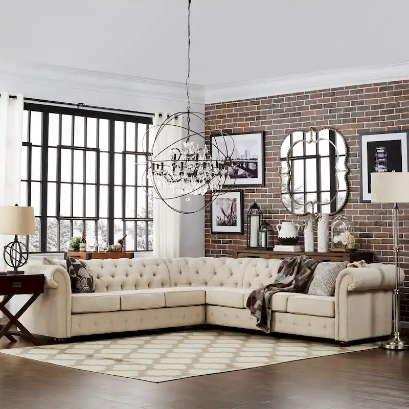 Multi-Color Velvet / Linen / Bonded Leather L-Shaped Sectional Sofa, 7-Seat