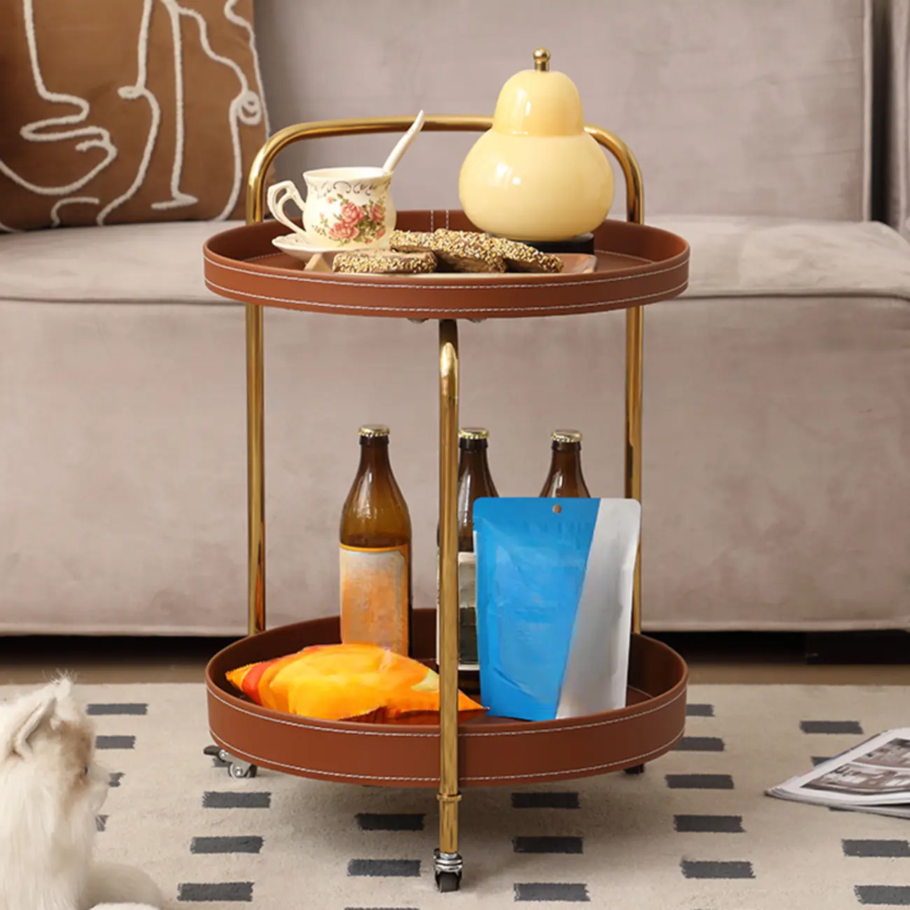 Mobile 2 Layers Brown Leather Metal Round Side Table