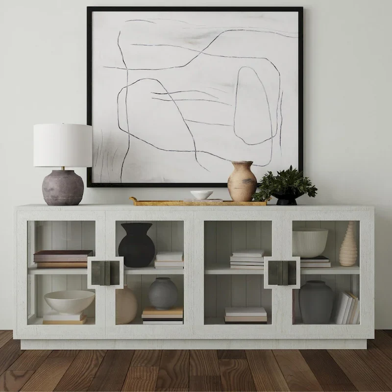 Black / Whitewash Reclaimed Pine 4-Door Glass Sideboard with Oversized Metal Handles and Adjustable Shelves