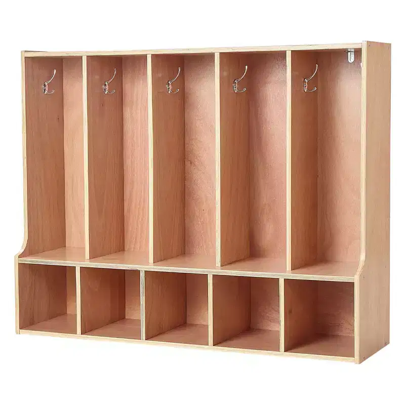 VEVOR 5-Section Kids Coat Locker, Wooden Toddler Cubby Storage Organizer with 10 Hooks & Non-Slip Mat & 5 Small Open Storage Boxes, Wood Color