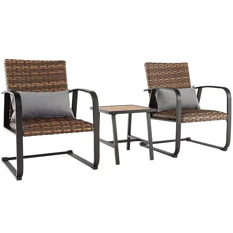 Costway 3 PCS Patio Rattan Furniture Bistro Set C-Spring Chair Padded Seat & Back Pillow Quick Dry