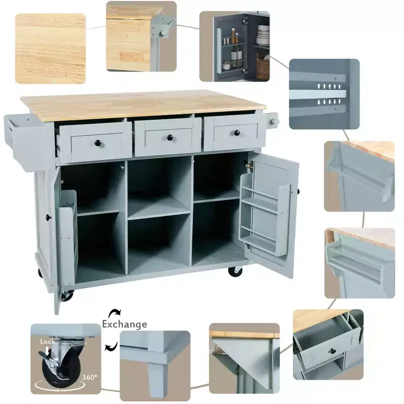 Whisen Modern Kitchen Island with Spice Rack and Towel Holder