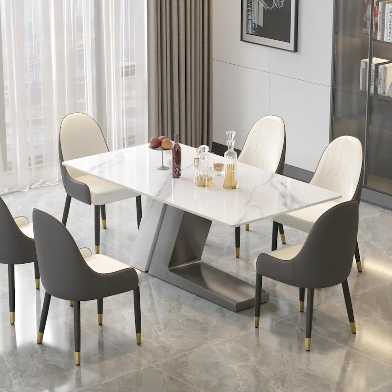 Modern Slate Kitchen Dining Table with White Rectangle Sintered Stone Top and Metal Legs -- 63/71/79