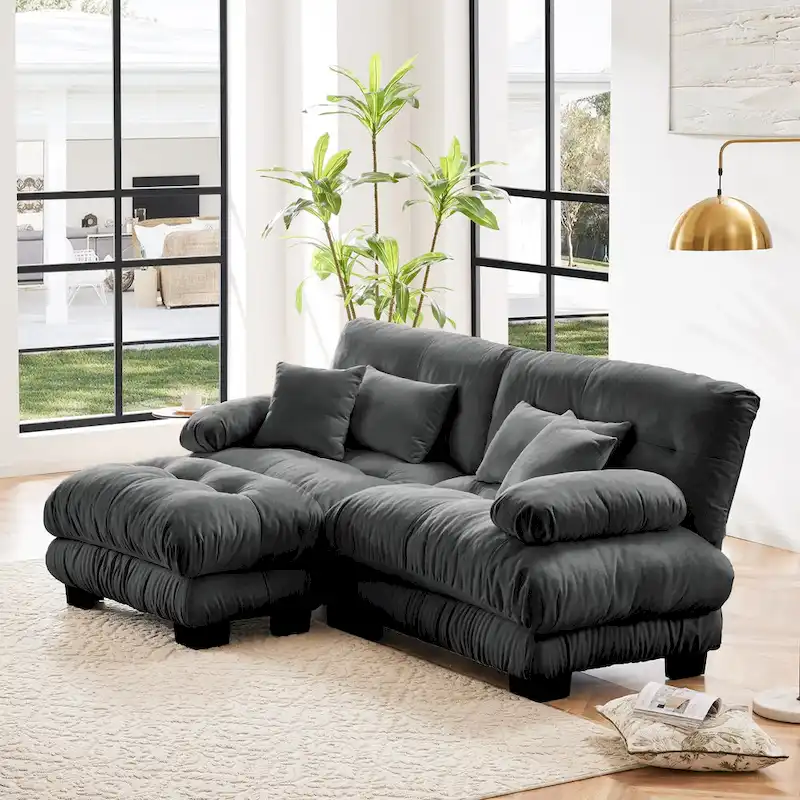 L Shaped Loveseat Sofa Chenille Sectional Couch with Lumbar Pillows