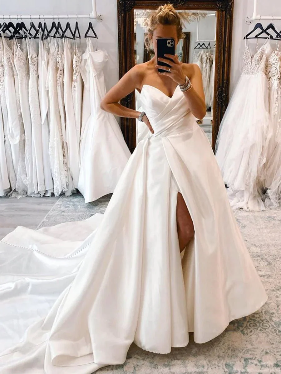 White Satin Long A-Line Wedding Dress with Slit