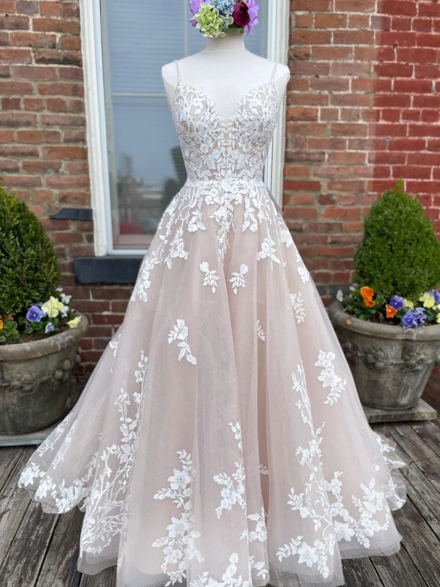Champagne V Neck Lace Tulle Long Wedding Dress With Lace-Up Back