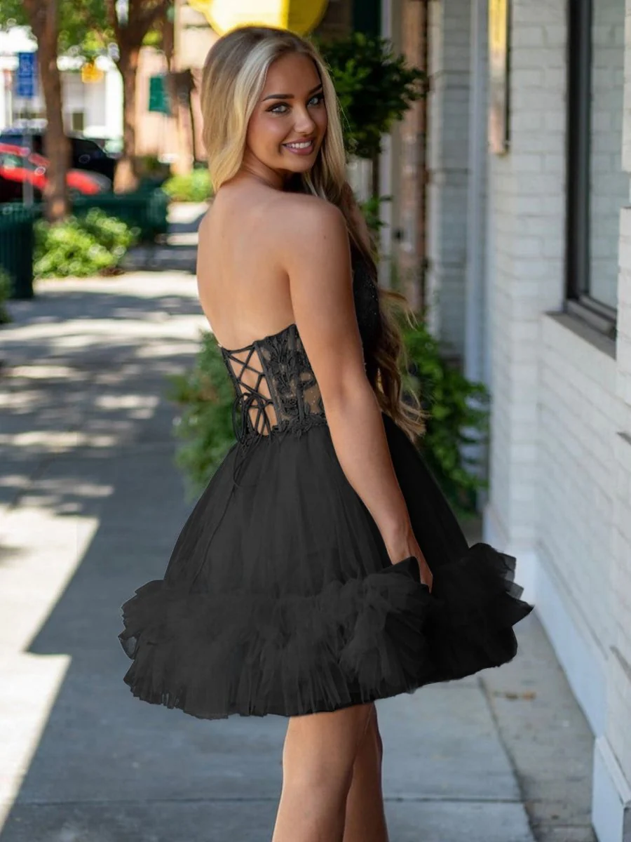 Black - A-Line Sweetheart Ruffle Tulle Homecoming Dress With Appliques