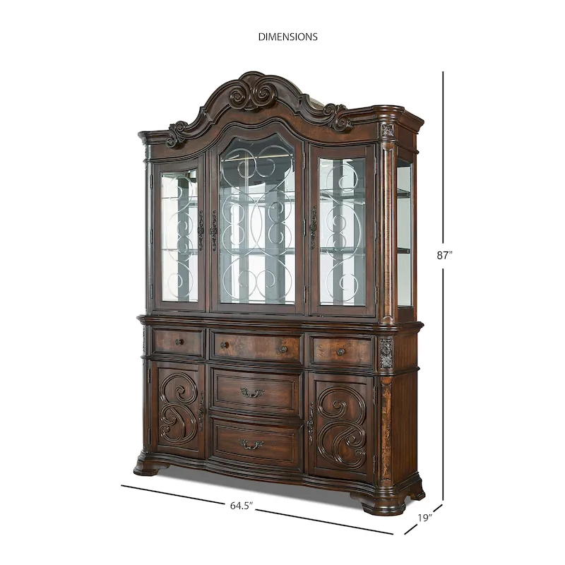Traditional Hardwood Dining with Double Pedestal Table & Carved Chairs – Pecan, Seats up to 10