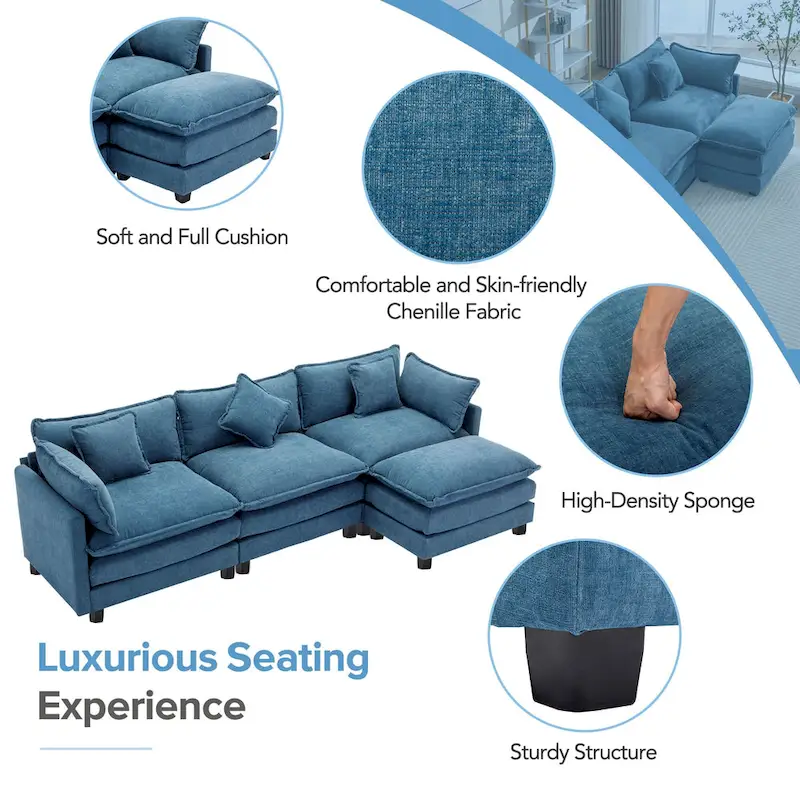 Blue 112.2  Modern L-Shaped 4-Seat Sofa with Removable Ottoman