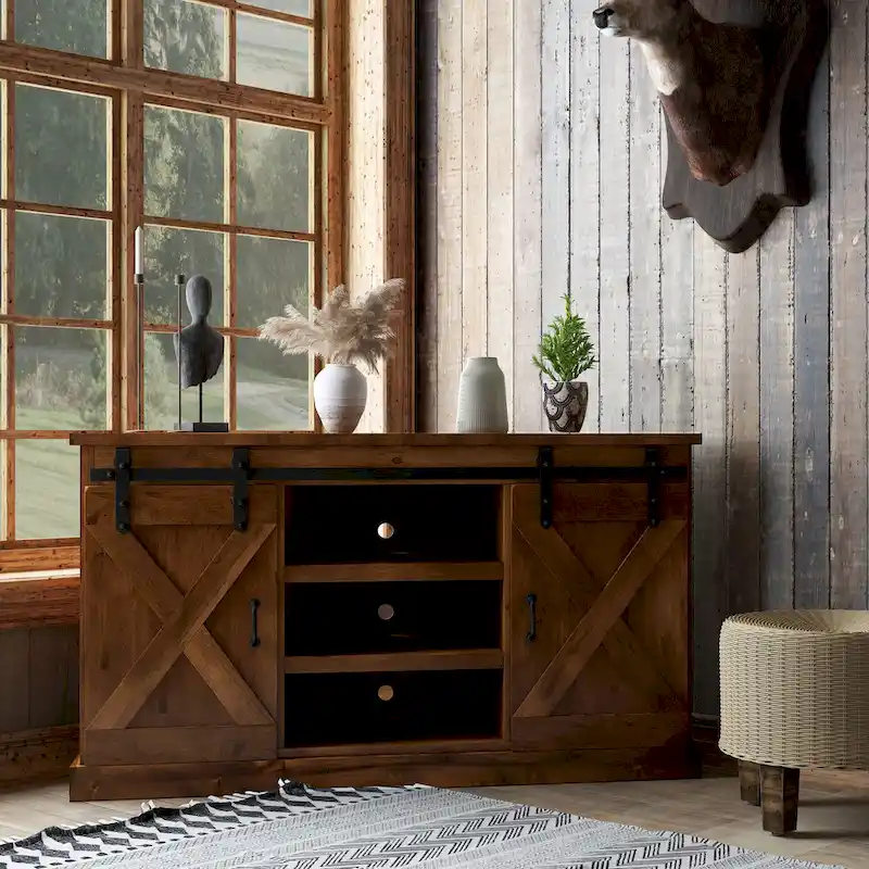 Farmhouse 56 inch Corner TV Stand for TVs up to 60 inches, No Assembly Required, Aged Whiskey Finish