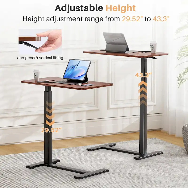 Mobile Standing Desk with Wheels Pneumatic Laptop Desk Rolling Computer Cart Movable Height Adjustable Small Stand Desk Home