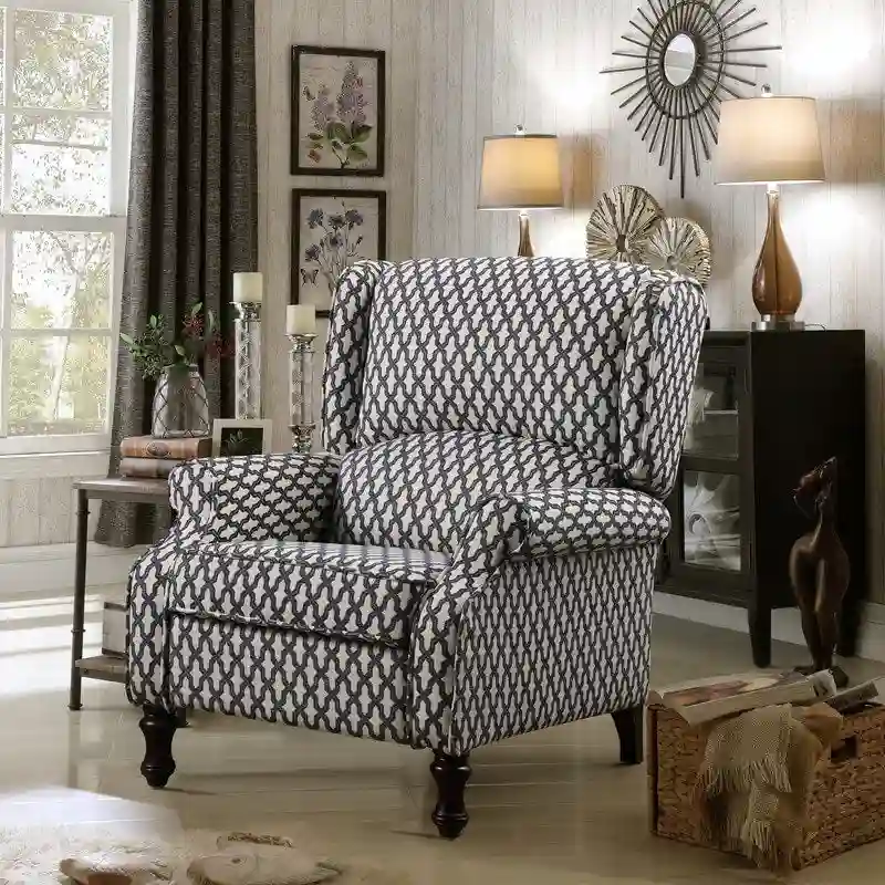 Manual Recliner Chair, Linen Trellis Pattern – Blue / Beige / Brown, Single