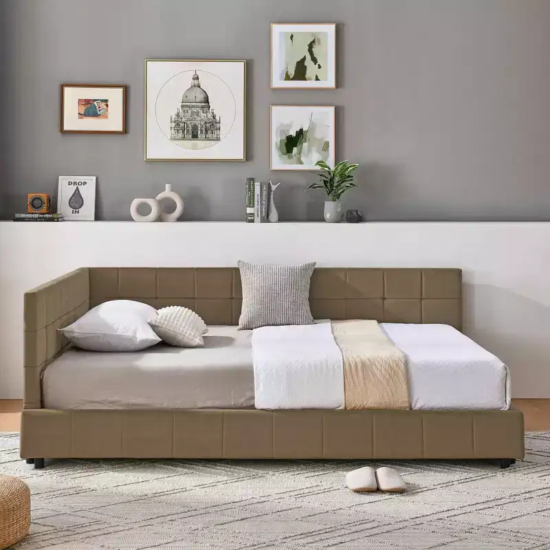 MAYEERTY Full Size Upholstered Tufted Bed Frame with Backrest and Armrest for Bedroom Brown