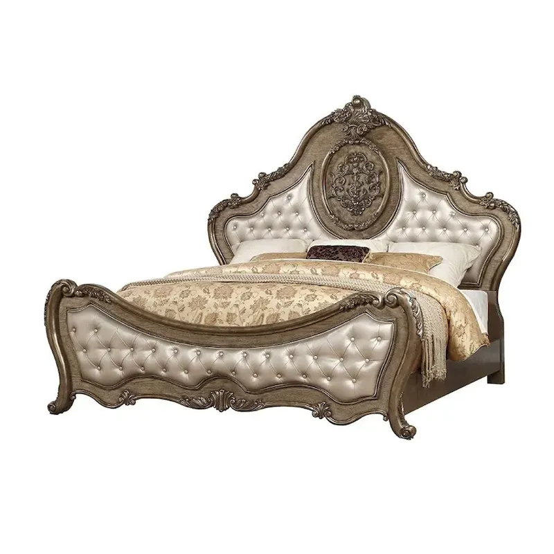 Faux Leather Panel Bed with Arched Headboard and Floral Carved Details