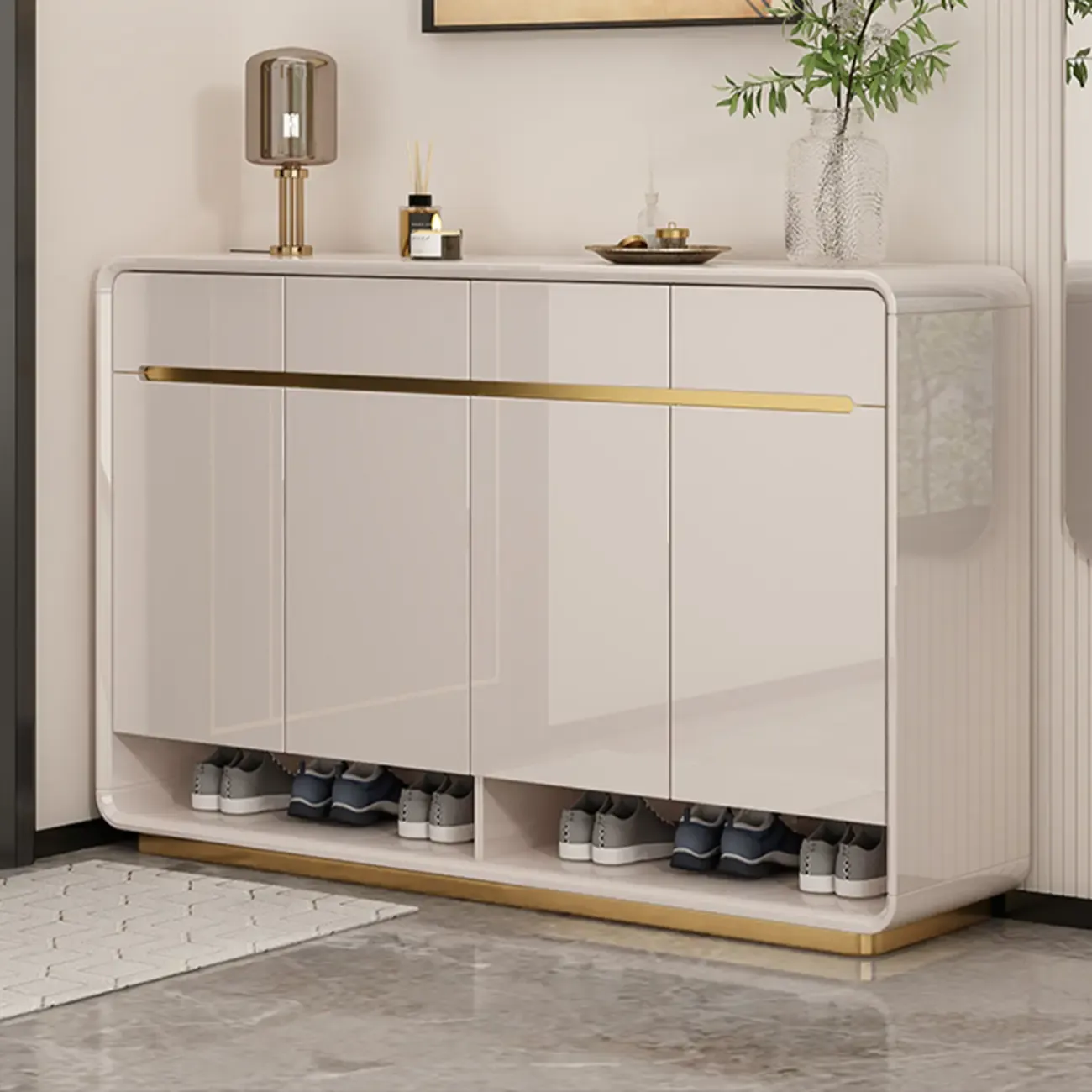 Glam Beige Solid Wood Shoe Cabinet with Display Top