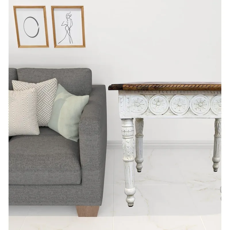 Ivory & Brown Square End Table – Wood Top, 1-Person Side Table