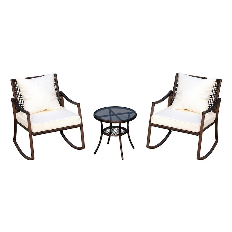 Outsunny 3 Piece Outdoor Outdoor PE Rattan Wicker Patio Rocking Chair Set with Accent Table - Brown
