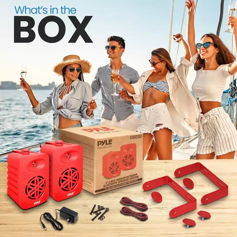 Pyle 4 2-Way Indoor/Outdoor Bluetooth Speaker System - Waterproof Wireless Streaming with 1/2 High Compliance Polymer Tweeter - PDWRBT46RD, Red