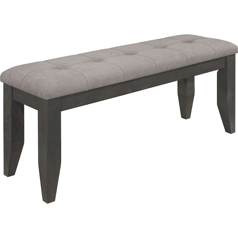 Grey Button-Tufted Upholstered Dining Bench with Walnut Legs – Retro Style