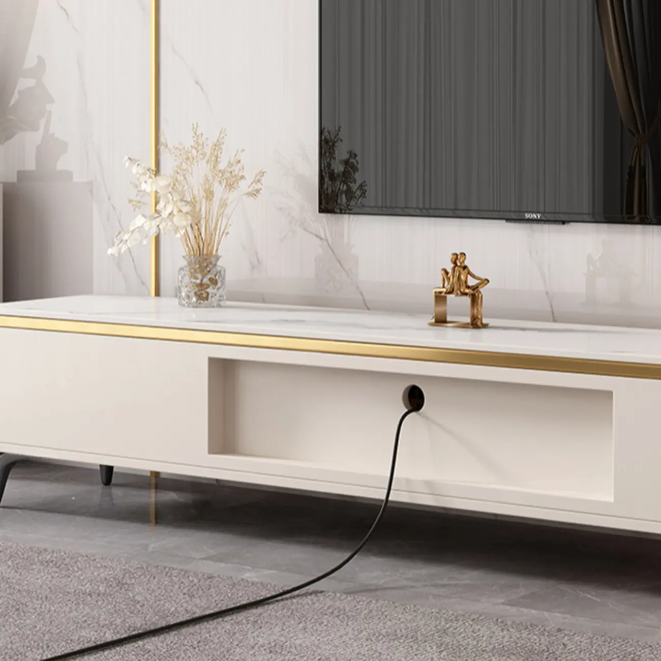 Versatile White Stone TV Stand with Multi Drawers & Lighting