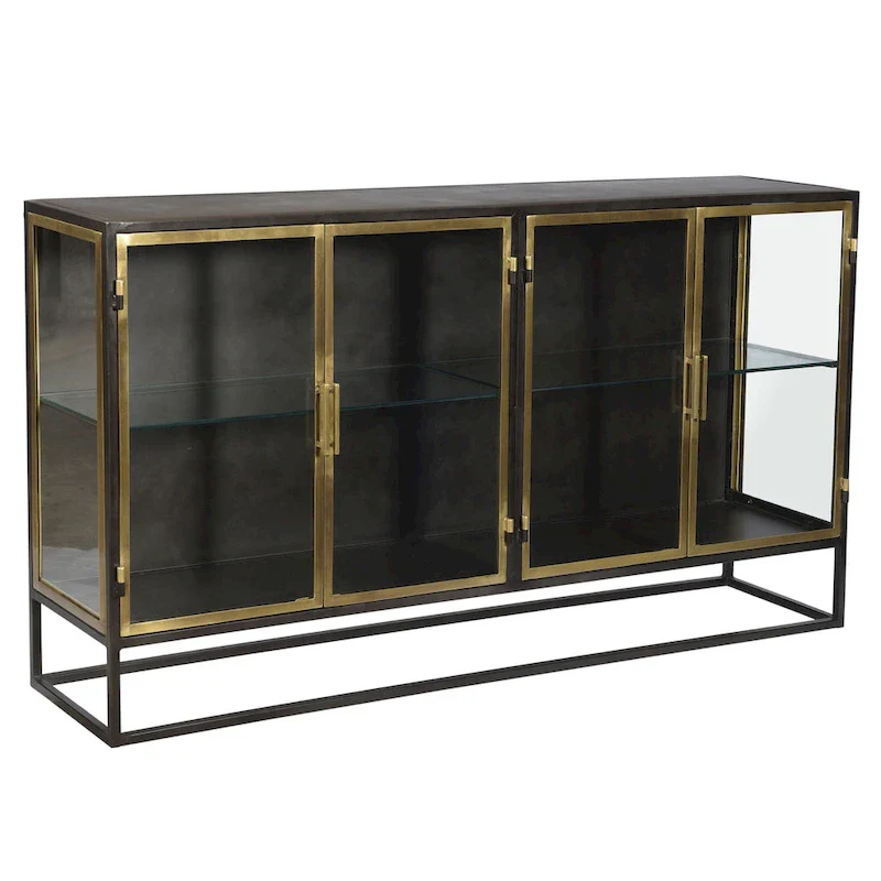 Black Gunmetal & Antique Brass 4-Door Iron & Glass Sideboard – 1-Piece