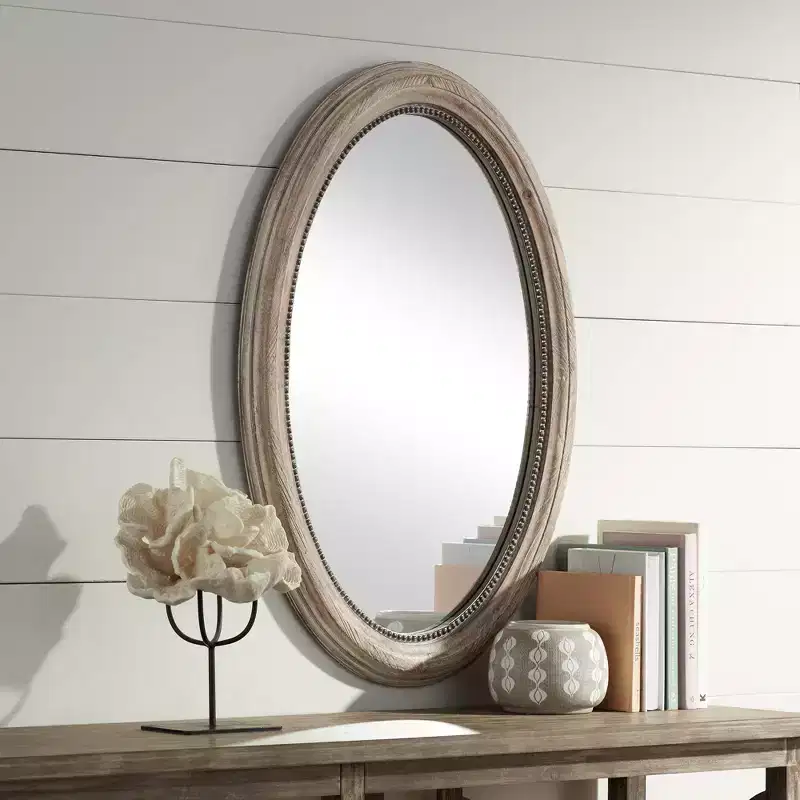Noble Park Zahra Oval Vanity Decorative Wall Mirror Rustic Farmhouse Beaded Trim Natural Wood Frame 23 1/2 Wide for Bathroom Bedroom Living Room Home