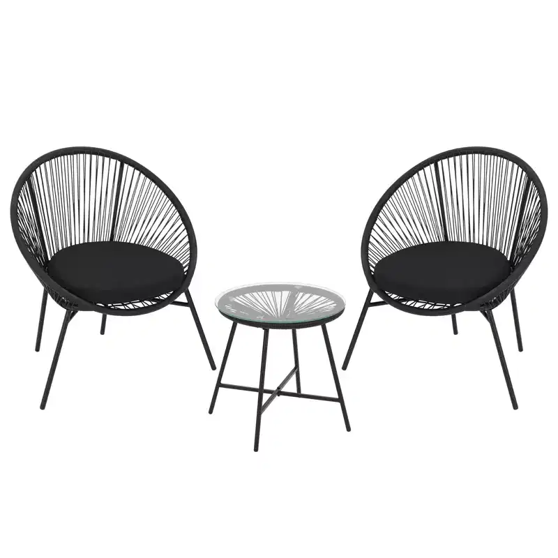 3 Piece Outdoor Rattan Bistro Set, All-Weather Acapulco Conversation Set with Cushions & Tempered Glass Table, Patio Furniture for Porch, Balcony