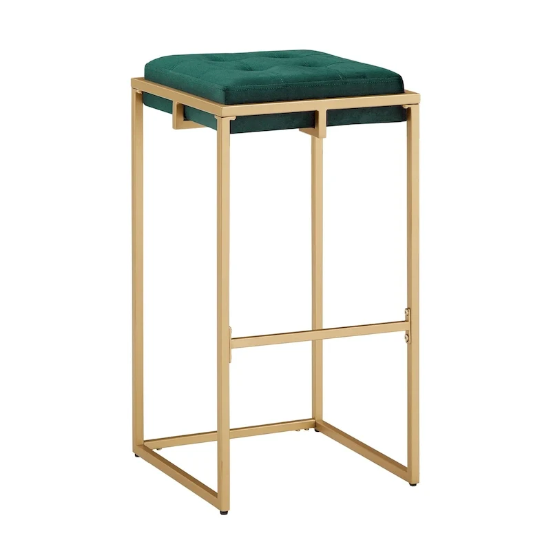 Backless Velvet Button-Tufted Bar Stool with Gold Metal Base & Footrest – Beige / Blue / Green, Counter / Bar Height