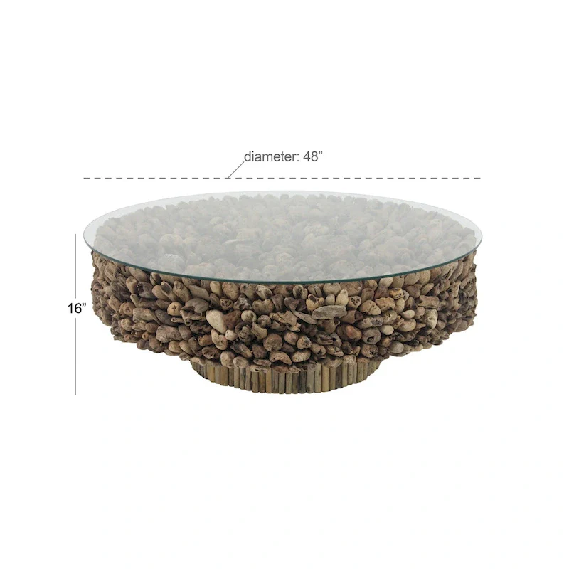 Round Coffee Table with Reclaimed Wood Base and Glass Top - Brown