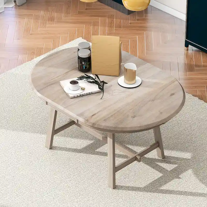 Grey / Natural Wood Wash Round Extendable Dining Table, Seats 4–6