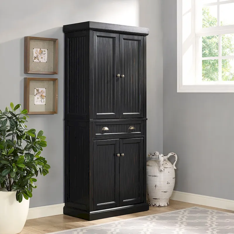Crosley Seaside Kitchen Pantry in Distressed Black Finish