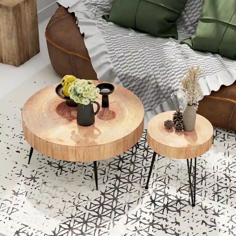 Rustic Cylindrical Wood Veneer Coffee Table – Natural / White / Light Red & Natural