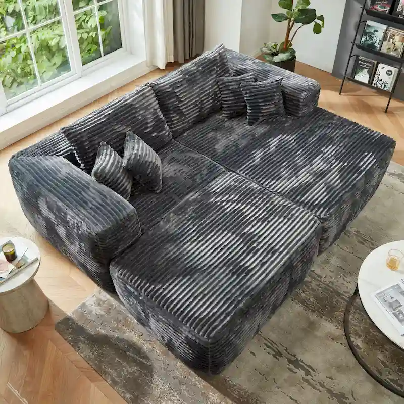L-Shaped Plush Sectional Sofa with Removable Ottoman, Grey / Black / Beige, 3-Seat