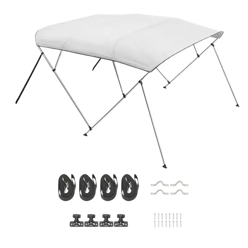 VEVOR 4 Bow Boat Bimini Tops, 600D Polyester Canopy with Aluminum Alloy Frame, 2 Support Poles, 4 Straps, 96Lx(79-84)Wx54H, Light Grey