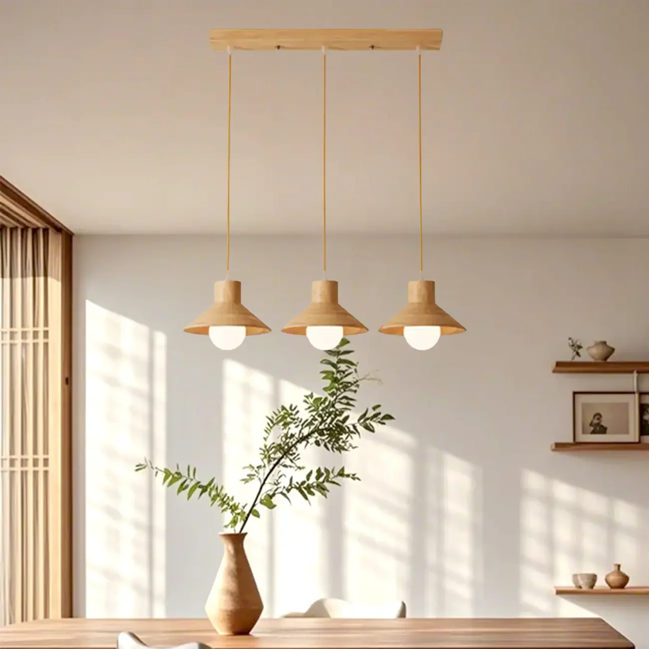 Rustic Island Light Modern Wood 3 Lights Cone Island Pendant