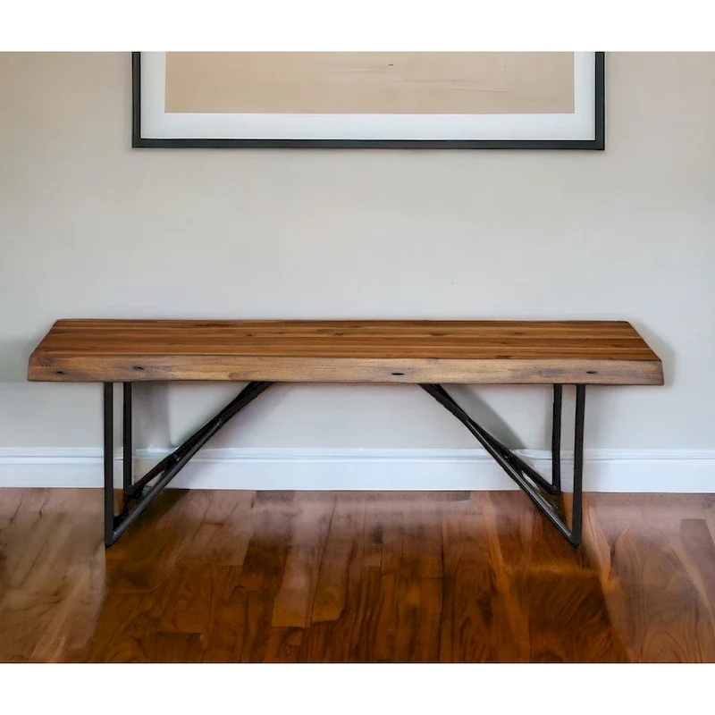 Brown & Black Solid Wood Dining Bench, 2-Seat, 55
