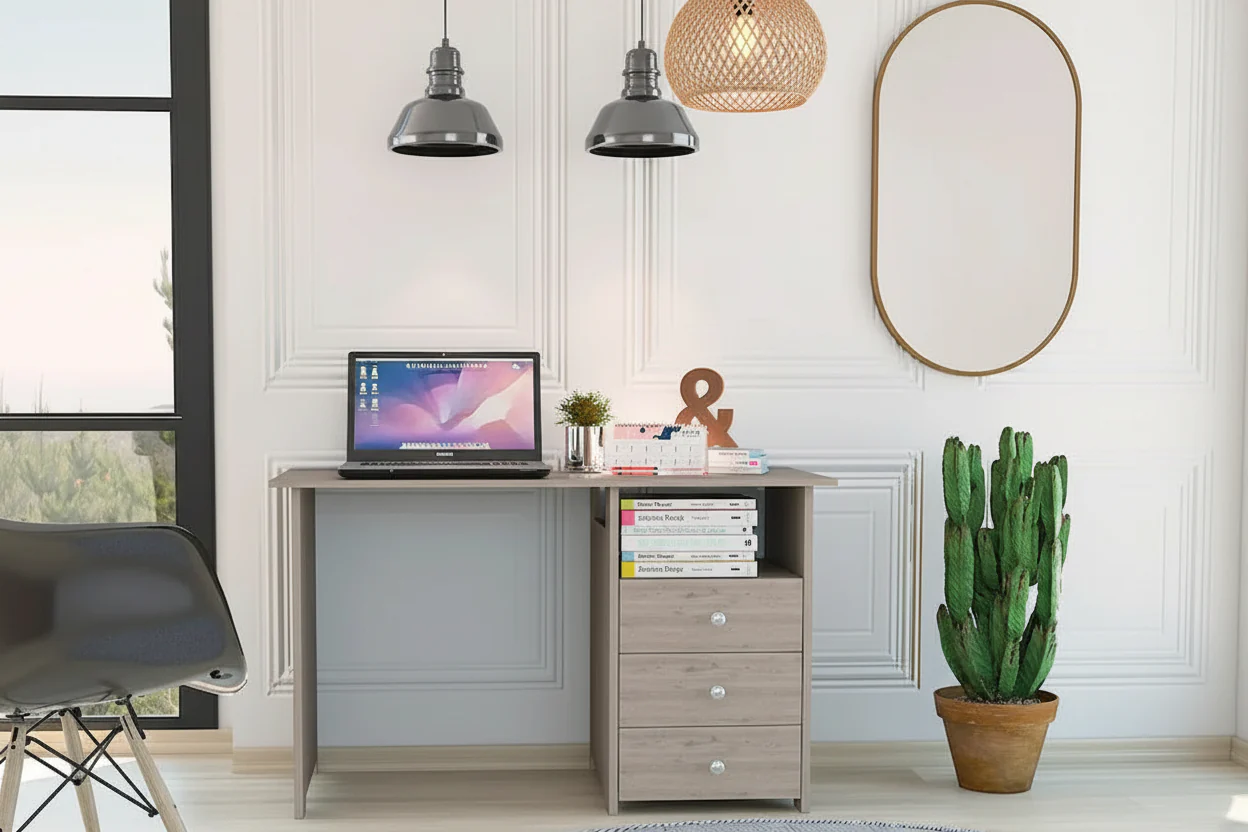 Freestanding Computer Desk with 3 Drawers and Open Shelf, Grey