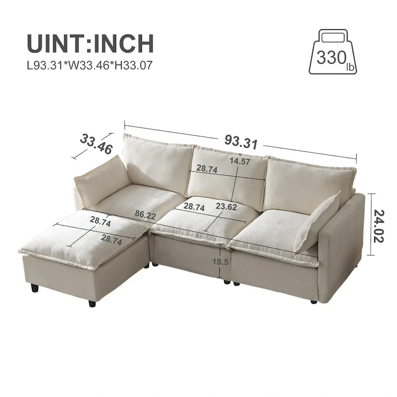 93.31  Faux Linen Modular Sectional Sofa with Movable Ottoman, Solid Wood Frame, and High-Resilience Foam Cushions