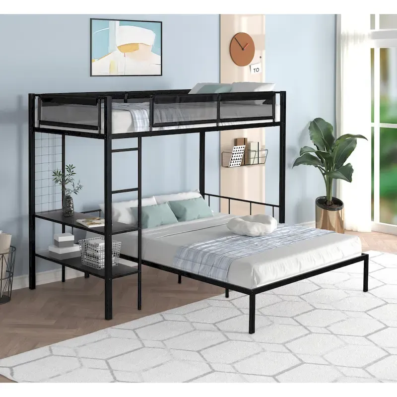 Metal Twin over Full Bunk with Shelves & Grid Panel/ Sturdy Metal Bed Frame Separated Full size Bed