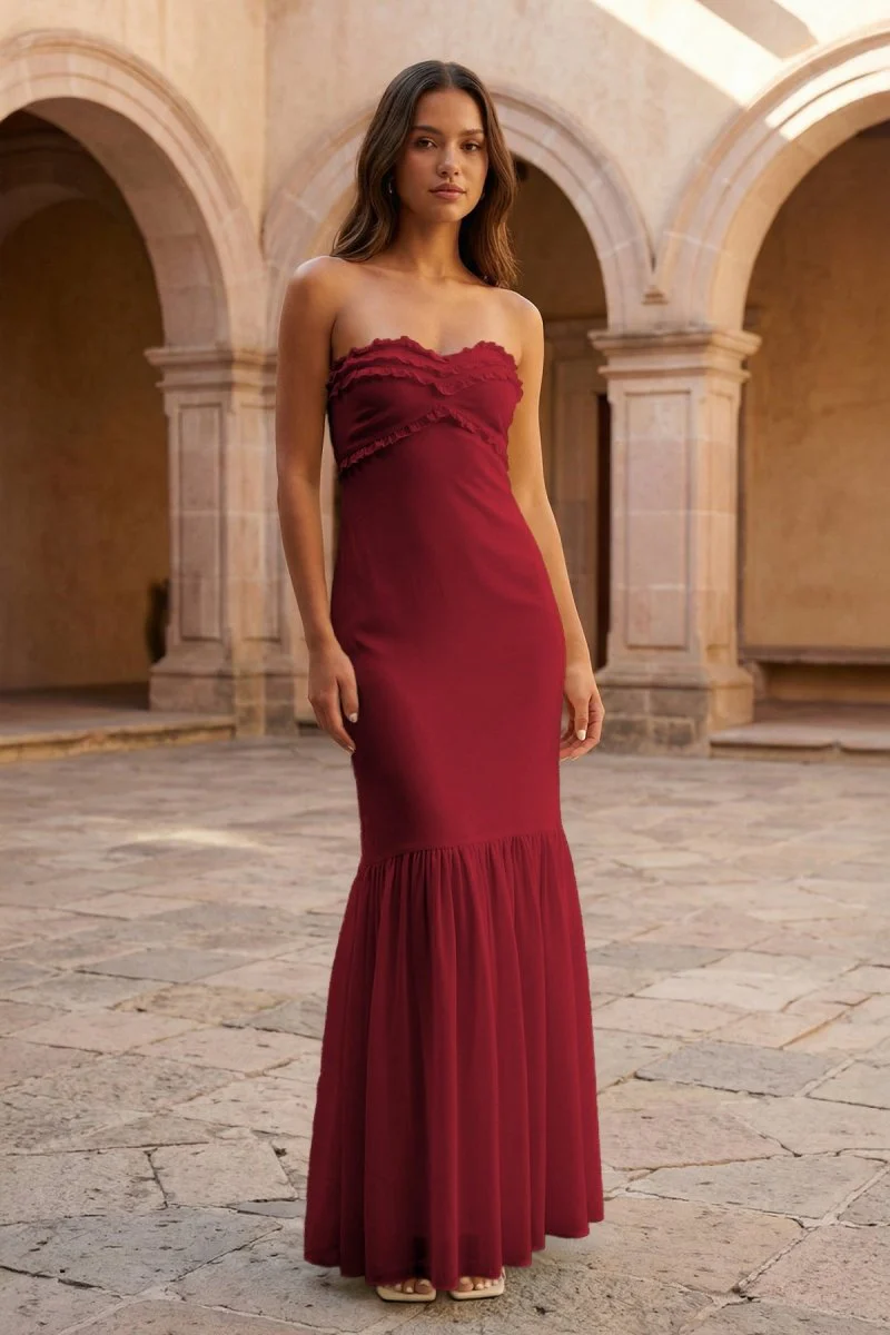 Yellow Strapless Sheath Chiffon Long Prom Dresses With Ruffles