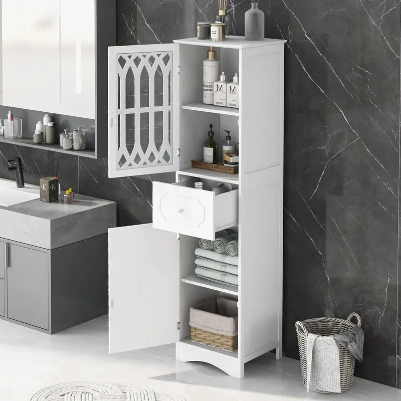 Slim Tall Bathroom Storage Cabinet with Adjustable Shelf, Drawer and 2 Doors, Freestanding Linen Tower