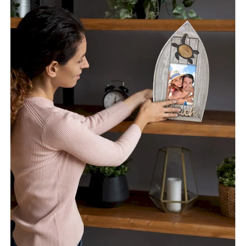 CoTa Global Grey Distressed Wood Coastal Sea Turtle Boat 3.5X5 Frame - 11 inches