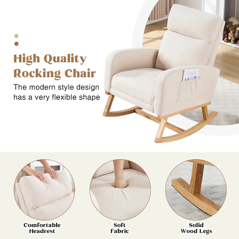 Linen Rocking Chair with Footrest and Side Pocket