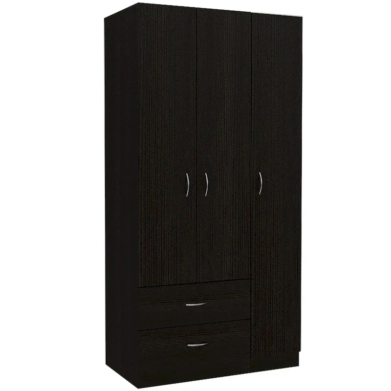 3-Door Armoire with Hanging Rod, 5 Shelves & 2 Drawers – Espresso / Pink / Grey / White, Single
