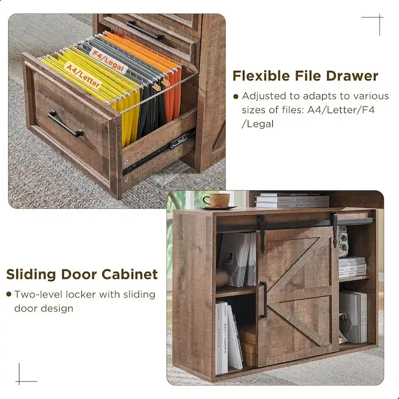 Modern Farmhouse Home Office Desk, Computer Desk with File Cabinet