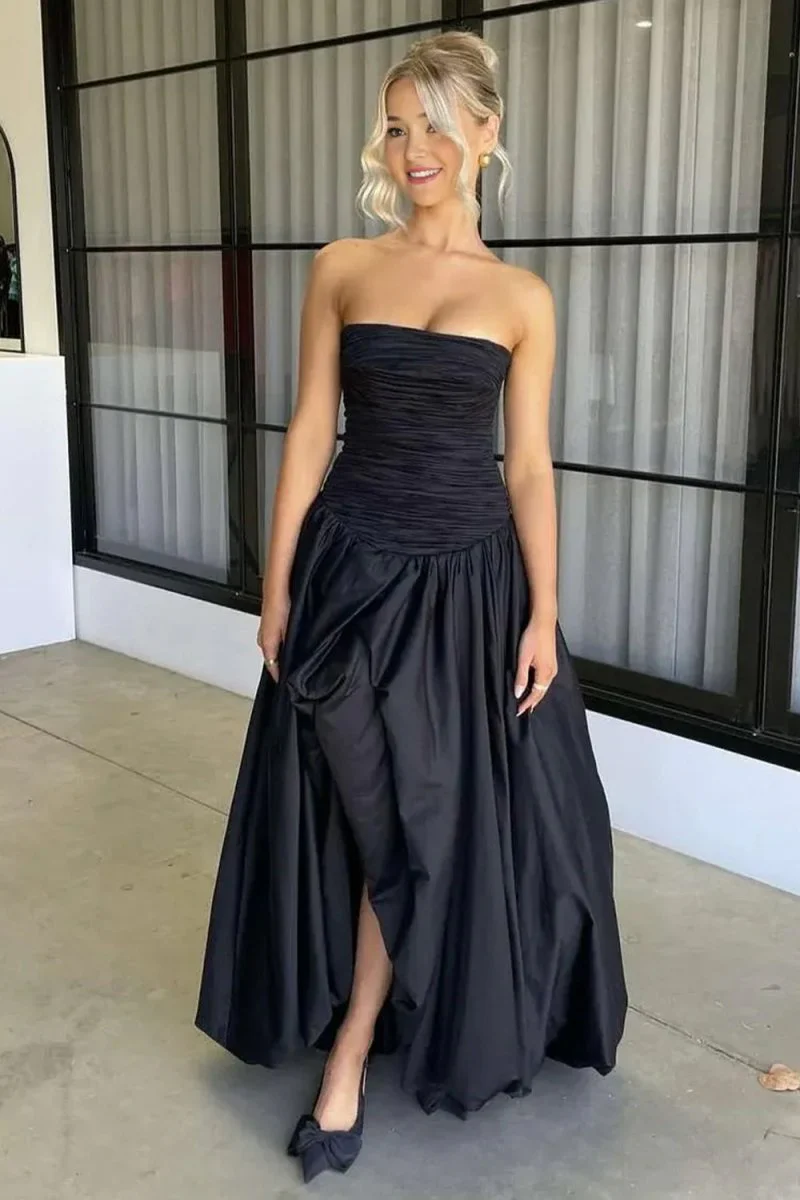 Black - Strapless A Line Satin Pleated Prom Dresses With Slit