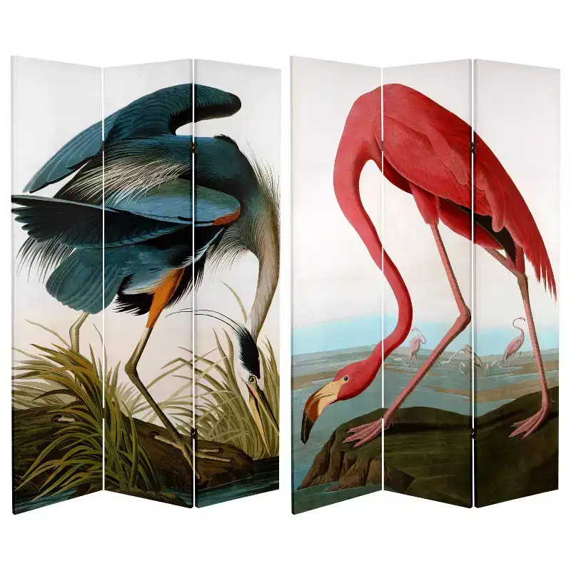 6" Double Sided Audubon Heron and Flamingo Canvas Room Divider - Oriental Furniture: Folding Privacy Screen