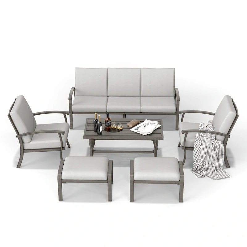 6-Piece Aluminum Patio Conversation Set with Coffee Table,Sofa, Ottoman and Light Gray Cushions